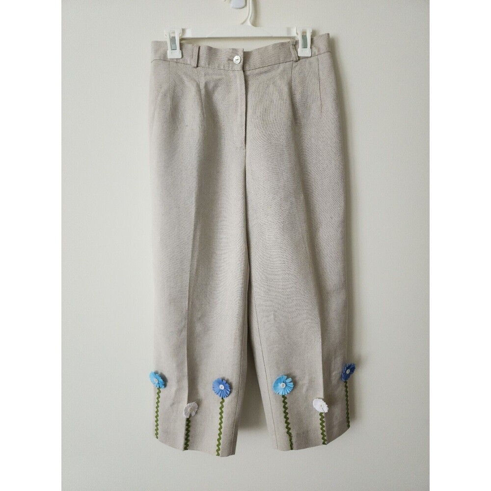 Harve Benard Womens Linen Blend Cropped Pants Size 10 Beige Applique 3D Flowers